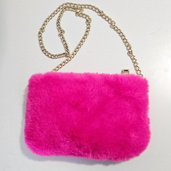 NWOT Faux Fur Clutch Crossbody Handbag Hot Pink - Picture 1 of 7